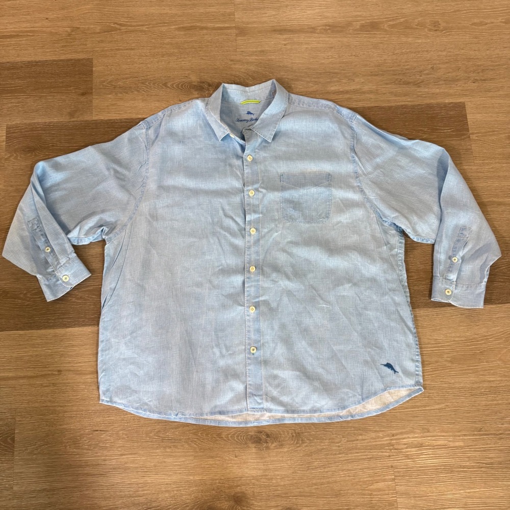 Tommy‎ Bahama Button Up Shirt Mens 2XLB Blue 100% Linen Long Sleeve Casual